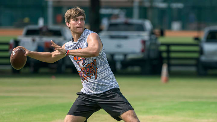 Seminole High School Seminoles    Luke Rucker throws a pass at the Florida High School 7v7 Association state championship in The Villages on Friday, June 24, 2022. [PAUL RYAN / CORRESPONDENT]

Florida High School 7v7 Association State Championship