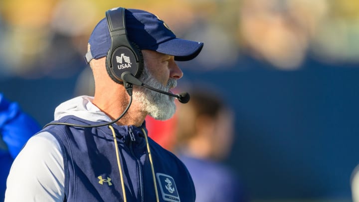 Nov 18, 2023; Annapolis, Maryland, USA; Navy Midshipmen head coach Brian Newberry looks on from the sideline during the third quarter against the East Carolina Pirates at Navy-Marine Corps Memorial Stadium. Mandatory Credit: Reggie Hildred-USA TODAY Sports