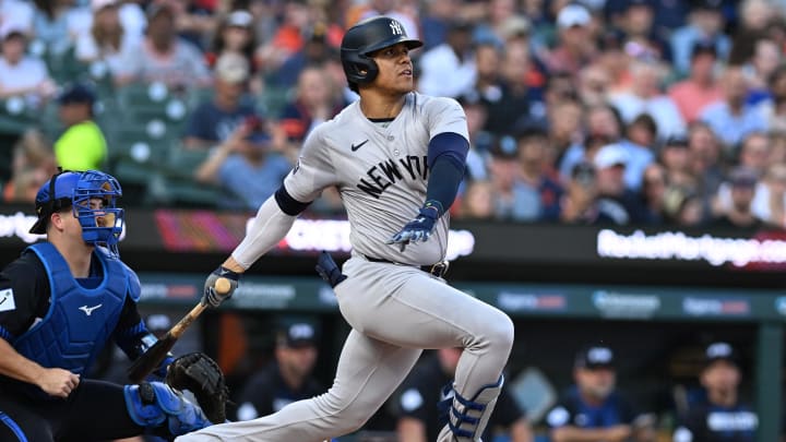 Aug 16, 2024; Detroit, Michigan, USA;  New York Yankees right fielder Juan Soto (22) grounds out to second base against the Detroit Tigers in the third inning at Comerica Park.