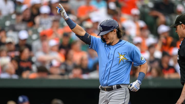 Sep 17, 2023; Baltimore, Maryland, USA; Tampa Bay Rays third baseman Tristan Gray (9) reacts after hitting a home run during the eighth inning against the Baltimore Orioles at Oriole Park at Camden Yards. Mandatory Credit: Reggie Hildred-USA TODAY Sports