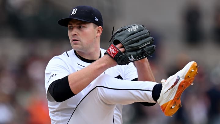 Jun 9, 2024; Detroit, Michigan, USA;  Detroit Tigers pitcher Tarik Skubal (29) throws a pitch against the Milwaukee Brewers in the seventh inning at Comerica Park. Mandatory Credit: Lon Horwedel-USA TODAY Sports