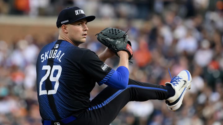 Jul 12, 2024; Detroit, Michigan, USA; Detroit Tigers starting pitcher Tarik Skubal (29) throws a pitch against the Los Angeles Dodgers designated hitter Shohei Ohtani (not pictured) in the fifth inning at Comerica Park. Mandatory Credit: Lon Horwedel-USA TODAY Sports