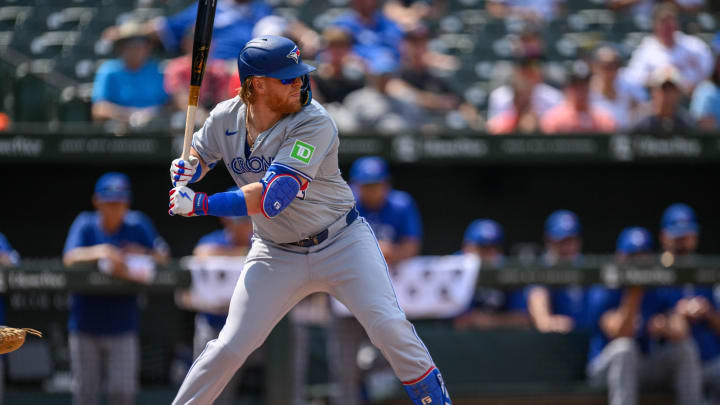 Toronto Blue Jays first base Justin Turner (2) bats against the Baltimore Orioles during the first inning at Oriole Park at Camden Yards on July 29.