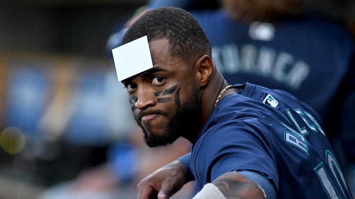 Seattle Mariners center fielder Victor Robles is pictured in the dugout before a game against the Detroit Tigers on Aug. 13 at Comerica Park.