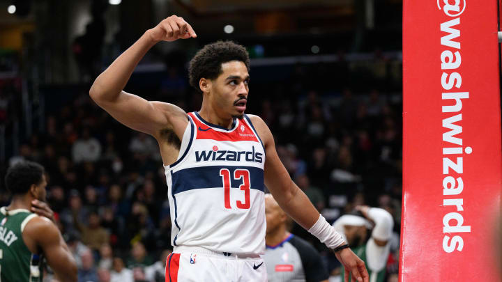 Apr 2, 2024; Washington, District of Columbia, USA; Washington Wizards guard Jordan Poole (13) reacts during the third quarter against the Milwaukee Bucks at Capital One Arena. Mandatory Credit: Reggie Hildred-USA TODAY Sports
