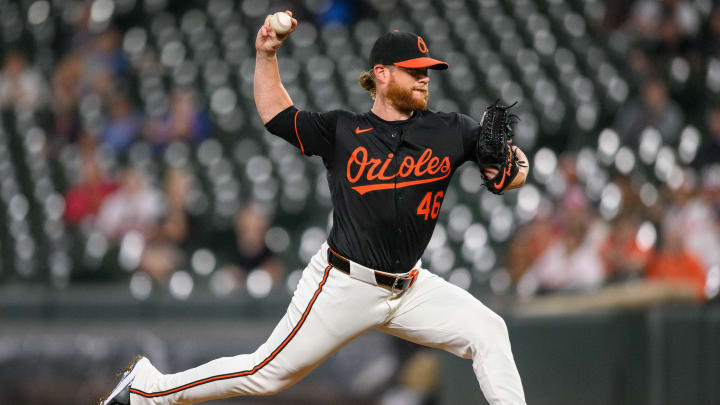 Jul 29, 2024; Baltimore, Maryland, USA; Baltimore Orioles pitcher Craig Kimbrel (46) throws a pitch during the ninth inning against the Toronto Blue Jays at Oriole Park at Camden Yards. 