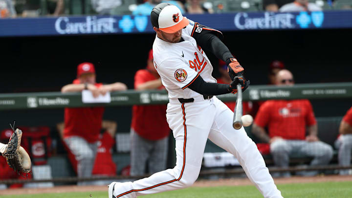 Apr 20, 2025; Baltimore, Maryland, USA; Baltimore Orioles third baseman Jordan Westburg (11) takes a swing during the sixth inning against the Cincinnati Reds at Oriole Park at Camden Yards. Apr 20, 2025; Baltimore, Maryland, USA; Baltimore Orioles third baseman Jordan Westburg (11) takes a swing during the sixth inning against the Cincinnati Reds at Oriole Park at Camden Yards.