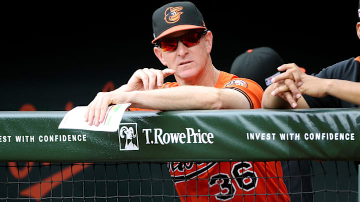 Jun 14, 2025; Baltimore, Maryland, USA; Baltimore Orioles interim manager Tony Mansolino (36) looks on before a game against the Los Angeles Angels at Oriole Park at Camden Yards.