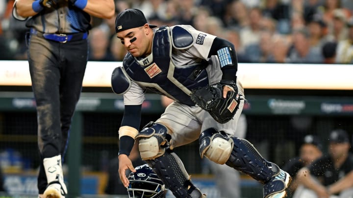 Aug 16, 2024; Detroit, Michigan, USA;  New York Yankees catcher Jose Trevino (39) chases down a pitch that got away from him against the Detroit Tigers in the sixth inning at Comerica Park. Mandatory Credit: Lon Horwedel-USA TODAY Sports