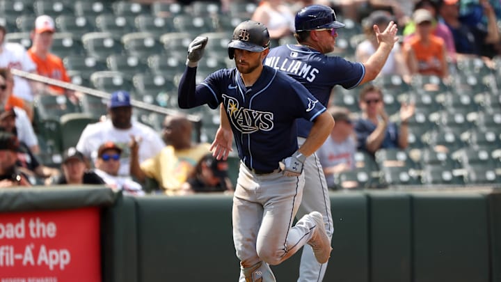 Baltimore, Maryland, USA; Tampa Bay Rays second baseman Brandon Lowe (8) celebrates after hitting a home run during the ninth inning against the Baltimore Orioles at Oriole Park at Camden Yards. Baltimore, Maryland, USA; Tampa Bay Rays second baseman Brandon Lowe (8) celebrates after hitting a home run during the ninth inning against the Baltimore Orioles at Oriole Park at Camden Yards.