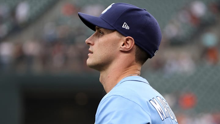Tampa Bay Rays outfielder Jake Mangum (28) looks on before a game against the Baltimore Orioles at Oriole Park at Camden Yards. Tampa Bay Rays outfielder Jake Mangum (28) looks on before a game against the Baltimore Orioles at Oriole Park at Camden Yards.