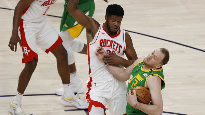 Mar 12, 2021; Salt Lake City, Utah, USA; Houston Rockets center Justin Patton (26) and Utah Jazz forward Joe Ingles (2) battle in the third quarter at Vivint Smart Home Arena. Mandatory Credit: Jeffrey Swinger-USA TODAY Sports