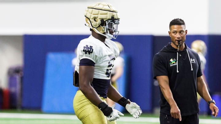 Notre Dame head coach Marcus Freeman instructs Boubacar Traore during Notre Dame Fall Camp on Friday, July 28, 2023, at Irish Athletics Center in South Bend, Indiana.