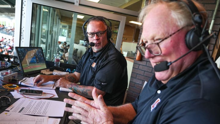 Greg Swindell, left, and Keith Moreland, right, broadcast from the Longhorn Network booth during the Texas Longhorns baseball game against Kansas at UFCU Disch–Falk Field on Saturday, May. 18, 2024 in Austin.