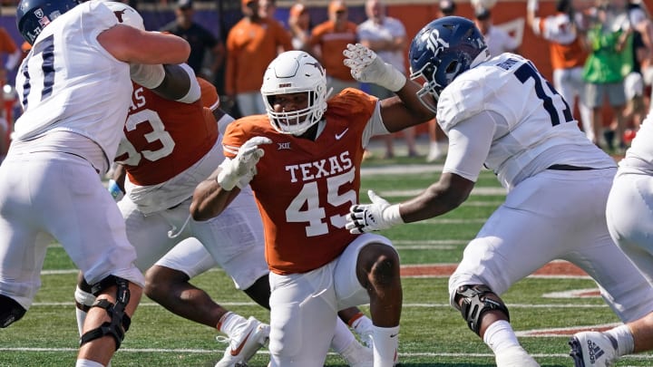 Sep 2, 2023; Austin, Texas, USA; Texas Longhorns defensive lineman Vernon Broughton (45) rushes during the first half against the Rice Owls at Darrell K Royal-Texas Memorial Stadium. Mandatory Credit: Scott Wachter-USA TODAY Sports