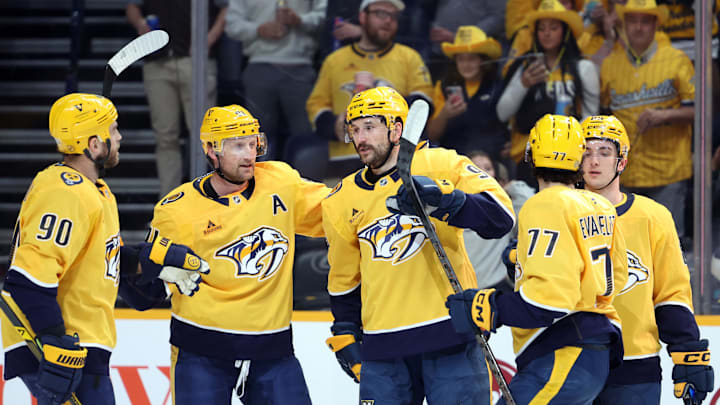 Apr 16, 2026; Nashville, Tennessee, USA;  The Nashville Predators celebrate a goal by Nashville Predators left wing Filip Forsberg (9) during the first period against the Anaheim Ducks at Bridgestone Arena. Mandatory Credit: Alan Poizner-Imagn Images
