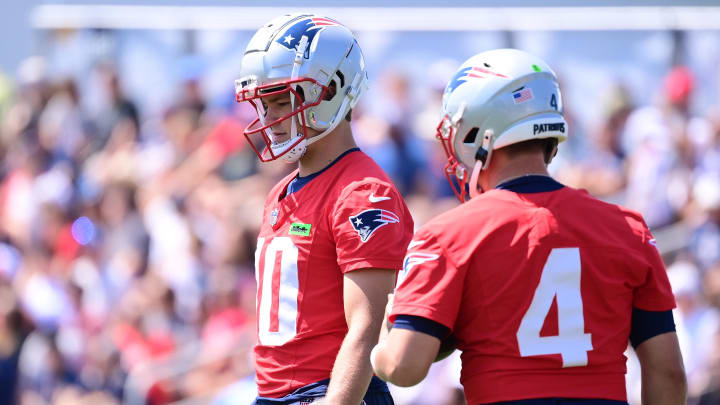 Jul 26, 2024; Foxborough, MA, USA; New England Patriots quarterback Drake Maye (10) waits for a drill to start during training camp at Gillette Stadium. Mandatory Credit: Eric Canha-USA TODAY Sports