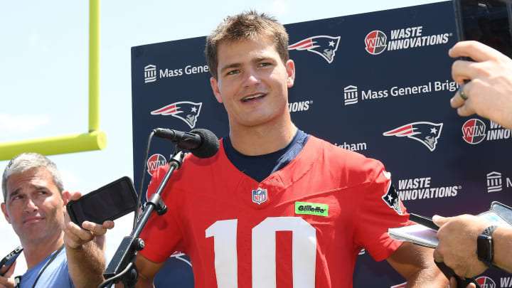 Jul 26, 2024; Foxborough, MA, USA; New England Patriots quarterback Drake Maye (10) holds a press conference at training camp at Gillette Stadium. Mandatory Credit: Eric Canha-USA TODAY Sports