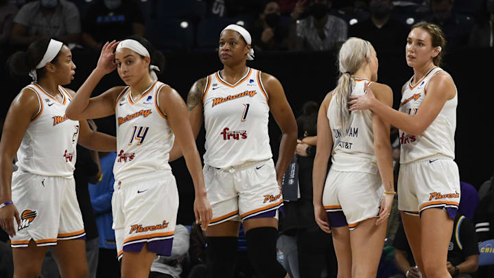 Oct 15, 2021; Chicago, Illinois, USA; Phoenix Mercury players look on during the second half of game three of the 2021 WNBA Finals against the Chicago Sky at Wintrust Arena. Mandatory Credit: Matt Marton-Imagn Images