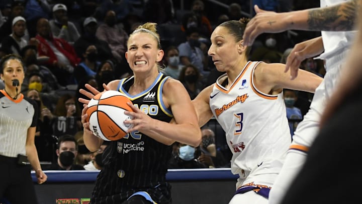 Oct 17, 2021; Chicago, Illinois, USA; Chicago Sky guard Courtney Vandersloot (22) and Phoenix Mercury guard Diana Taurasi (3) during the second half of game four of the 2021 WNBA Finals at Wintrust Arena. Mandatory Credit: Matt Marton-Imagn Images