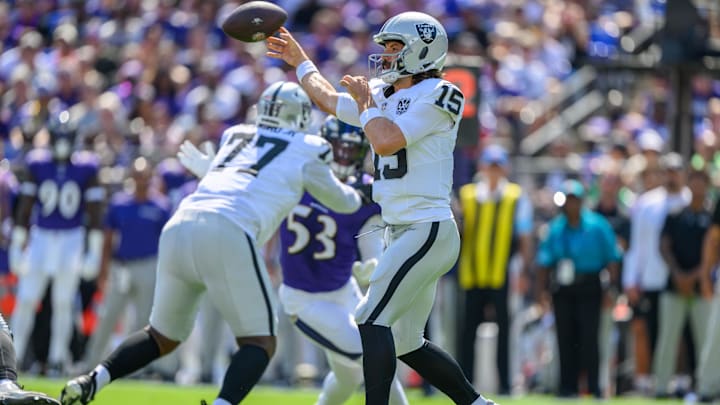 Sep 15, 2024; Baltimore, Maryland, USA; Las Vegas Raiders quarterback Gardner Minshew (15) throws during the first half against the Baltimore Ravens at M&T Bank Stadium. Mandatory Credit: Reggie Hildred-Imagn Images