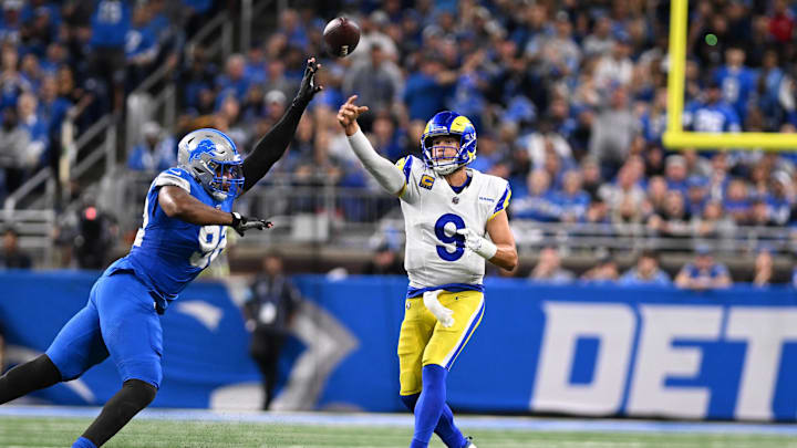 Sep 8, 2024; Detroit, Michigan, USA; Los Angeles Rams quarterback Matthew Stafford (9) throws a pass against the Detroit Lions in the second quarter at Ford Field. Mandatory Credit: Lon Horwedel-Imagn Images