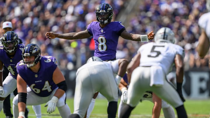 Sep 15, 2024; Baltimore, Maryland, USA; Baltimore Ravens quarterback Lamar Jackson (8) calls a play during the first half against the Las Vegas Raiders at M&T Bank Stadium. Mandatory Credit: Reggie Hildred-Imagn Images