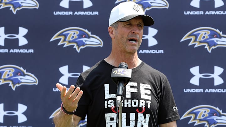 Baltimore Ravens head coach John Harbaugh speaks after an NFL OTA. Baltimore Ravens head coach John Harbaugh speaks after an NFL OTA.