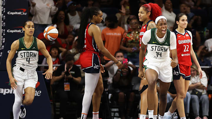 Aug 24, 2025; Washington, District of Columbia, USA; Seattle Storm center Dominique Malonga (14) celebrates during the second half against the Washington Mystics at CareFirst Arena. Mandatory Credit: Daniel Kucin Jr.-Imagn Images Aug 24, 2025; Washington, District of Columbia, USA; Seattle Storm center Dominique Malonga (14) celebrates during the second half against the Washington Mystics at CareFirst Arena. Mandatory Credit: Daniel Kucin Jr.-Imagn Images