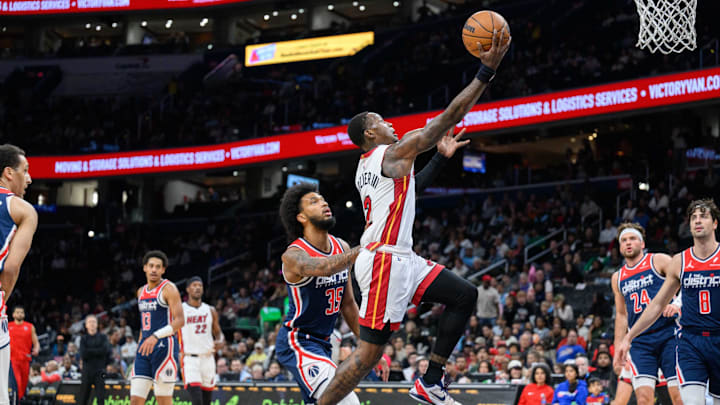 Mar 31, 2024; Washington, District of Columbia, USA; Miami Heat guard Terry Rozier (2) shoots a layup Sunday against Washington Wizards - Reggie Hildred/USA Today Sports