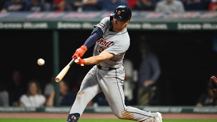 Jul 22, 2024; Cleveland, Ohio, USA; Detroit Tigers second baseman Colt Keith (33) hits a home run during the ninth inning against the Cleveland Guardians at Progressive Field. Mandatory Credit: Ken Blaze-USA TODAY Sports