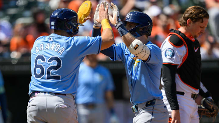 Tampa Bay Rays outfielder Jonny DeLuca (21) hits a home run and celebrates. Tampa Bay Rays outfielder Jonny DeLuca (21) hits a home run and celebrates.