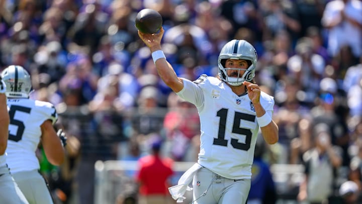 Sep 15, 2024; Baltimore, Maryland, USA; Las Vegas Raiders quarterback Gardner Minshew (15) throws during the first half against the Baltimore Ravens at M&T Bank Stadium. Mandatory Credit: Reggie Hildred-Imagn Images