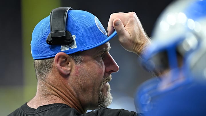  Dan Campbell on the sidelines against the Tennessee Titans in the first quarter at Ford Field. 