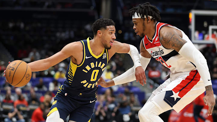 Tyrese Haliburton drives during the Pacers' blowout win Thursday. Tyrese Haliburton drives during the Pacers' blowout win Thursday.