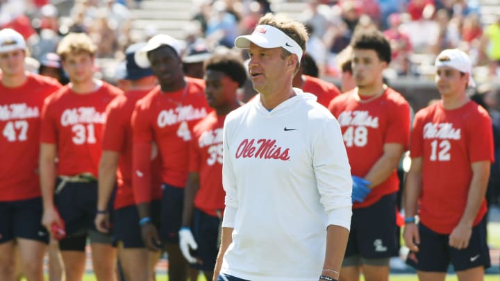 Ole Miss head coach Lane Kiffin watches during the Ole Miss Grove Bowl Games at Vaught-Hemingway Stadium in Oxford, Miss., on Saturday, Apr. 13, 2024.