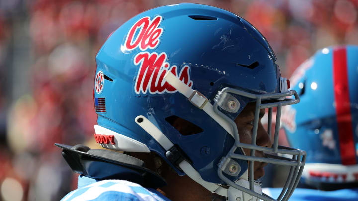 Oct 23, 2021; Oxford, Mississippi, USA; Mississippi Rebels helmet at Vaught-Hemingway Stadium. Mandatory Credit: Petre Thomas-USA TODAY Sports