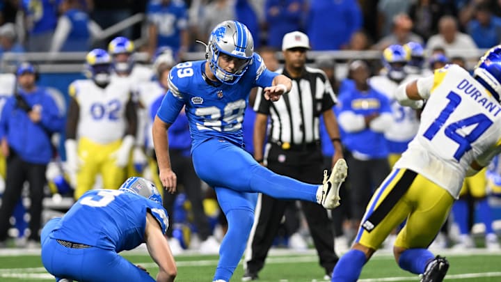 Sep 8, 2024; Detroit, Michigan, USA; Detroit Lions place kicker Jake Bates (39) kicks the game-tying field goal against the Los Angeles Rams in the fourth quarter at Ford Field. Mandatory Credit: Lon Horwedel-Imagn Images