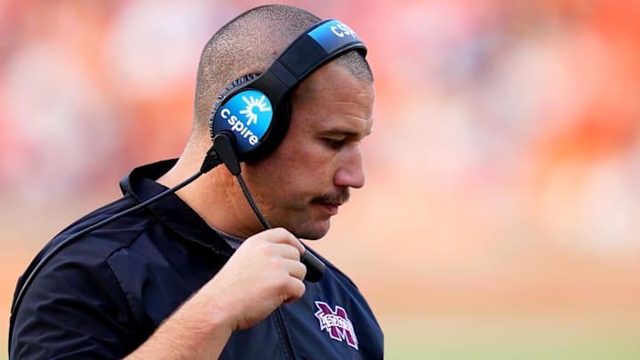 Former Mississippi State Bulldogs head coach Zach Arnett reacts after a failed series of down against the Auburn Tigers during the second half at Jordan-Hare Stadium. Former Mississippi State Bulldogs head coach Zach Arnett reacts after a failed series of down against the Auburn Tigers during the second half at Jordan-Hare Stadium.