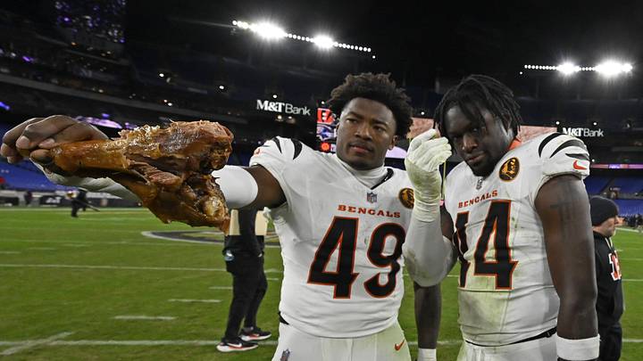 Nov 27, 2025; Baltimore, Maryland, USA; Cincinnati Bengals linebacker Barrett Carter (49) reacts after the game at M&T Bank Stadium. Mandatory Credit: Tommy Gilligan-Imagn Images