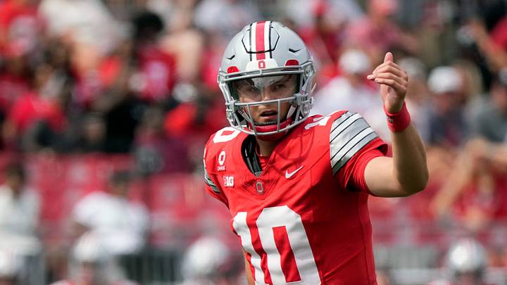 Ohio State Buckeyes quarterback Julian Sayin (10) calls out a play against Kent State Golden Flashes in the third quarter of the NCAA football game at Ohio Stadium on Sept. 19, 2026.