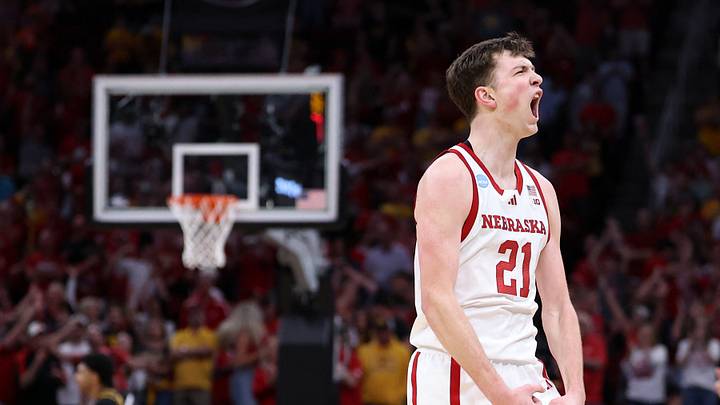 Mar 26, 2026; Houston, TX, USA; Nebraska Cornhuskers forward Pryce Sandfort (21) reacts against the Iowa Hawkeyes in the first half during a Sweet Sixteen game of the South Regional of the men's 2026 NCAA Tournament at Toyota Center. Mandatory Credit: Troy Taormina-Imagn Images