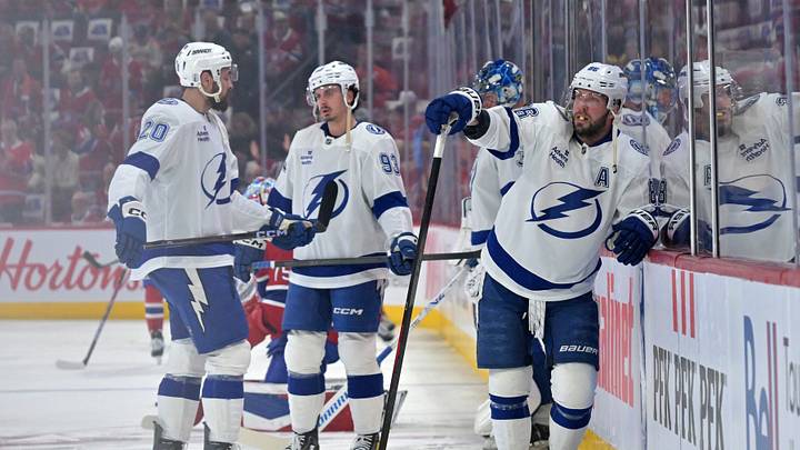 May 1, 2026; Montreal, Quebec, CAN; Tampa Bay Lightning forward Nikita Kucherov (86) takes a breather during the warmup before game six against the Montreal Canadiens in the first round of the 2026 Stanley Cup Playoffs at the Bell Centre. Mandatory Credit: Eric Bolte-Imagn Images