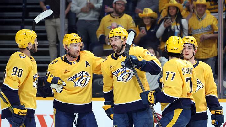Apr 16, 2026; Nashville, Tennessee, USA; The Nashville Predators celebrate a goal by Nashville Predators left wing Filip Forsberg (9) during the first period against the Anaheim Ducks at Bridgestone Arena. Mandatory Credit: Alan Poizner-Imagn Images Apr 16, 2026; Nashville, Tennessee, USA; The Nashville Predators celebrate a goal by Nashville Predators left wing Filip Forsberg (9) during the first period against the Anaheim Ducks at Bridgestone Arena. Mandatory Credit: Alan Poizner-Imagn Images