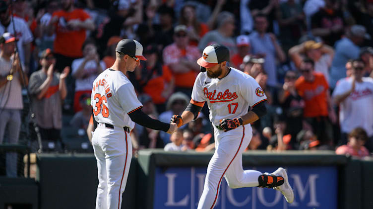 Apr 14, 2024; Baltimore, Maryland, USA; Baltimore Orioles outfielder Colton Cowser (17) celebrates