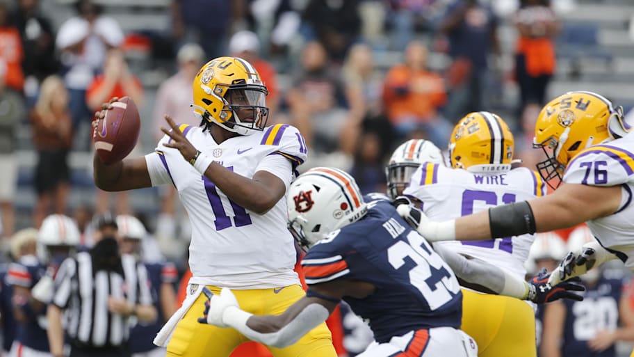 LSU Tigers quarterback TJ Finley drops back to pass against the Auburn Tigers.