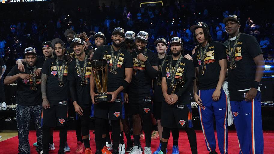 The New York Knicks pose for a photograph after winning the Emirates NBA Cup Final.
