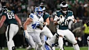 Nov 16, 2025; Philadelphia, Pennsylvania, USA; Philadelphia Eagles running back Saquon Barkley (26) rushes the ball against the Detroit Lions during the first half at Lincoln Financial Field. Mandatory Credit: Eric Hartline-Imagn Images