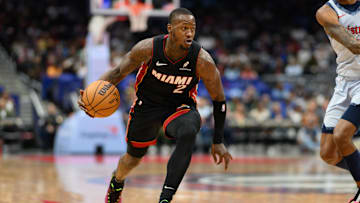 Mar 31, 2025; Washington, District of Columbia, USA; Miami Heat guard Terry Rozier (2) handles the ball during the second quarter against the Washington Wizards at Capital One Arena. Mandatory Credit: Reggie Hildred-Imagn Images