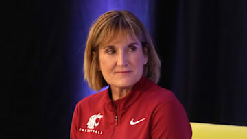 Oct 25, 2022; San Francisco, CA, USA; Washington State Cougars coach Kamie Ethridge reacts during Pac-12 Women's Basketball Media Day at the Pac-12 Network Studios. Mandatory Credit: Kirby Lee-Imagn Images